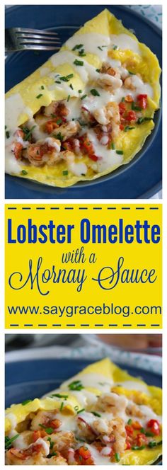 lobster omelette on a blue plate with text overlay