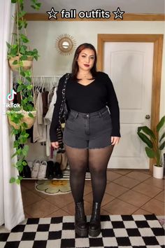 @arlenett_ on LTK Sheer Tights With Shorts Outfit, Plus Size Shorts With Tights Outfit, Plus Size Stockings Outfits, Black Tights Outfit Plus Size, Shorts And Stockings, Shorts With Tights Outfit, Sheer Black Pantyhose Outfit, Grunge Outfits Plus Size, Shorts And Tights Outfit