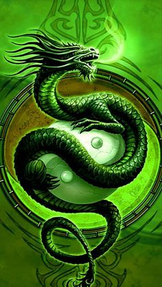 a green and black dragon sitting on top of a white ball in the middle of a circle