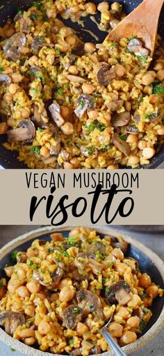 vegan mushroom risotto in a skillet with a wooden spoon on the side