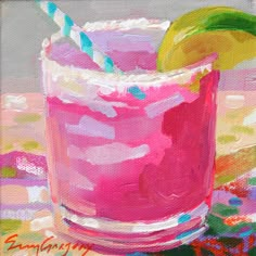 a painting of a pink drink with a lime on the rim and straw in it