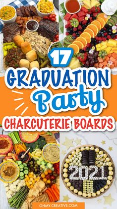 graduation party flyer with pictures of food and decorations