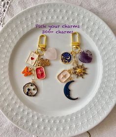 a white plate topped with lots of charms