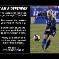 a woman kicking a soccer ball on top of a green field with a poem written in front of her