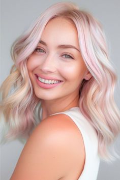 Platinum Waves with Pink Lowlights Pink Hair Color Idea. Pink Lowlights In Blonde Hair, Pink Lowlights, Fun Pink Hair, Lowlights In Blonde Hair, Pink Natural Hair, Haircut Ideas Brown Hair, Natural Hair Color Ideas, Hair Beachy Waves, Messy Bun High