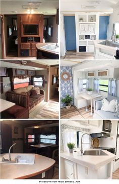 several pictures of the inside of a mobile home with kitchen, living room and dining area