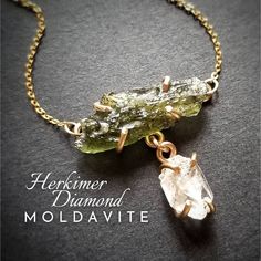 Genuine earthmined Herkimer diamond quartz is set in a handcrafted prong in your choice of 14k gold, gold filled or 925 sterling silver. This naturally double terminated crystal suspends from a certified moldavite pendant that connects to a 1.1mm sparkling delicate yet strong cable chain. ~Necklaces in pics are sold, you will receive similar but unique stones ~Natural moldavite pieces range from .5g - 1g. If you prefer extra dainty size or larger please leave me a note or DM. ~Wrapped in black g Raw Rose Quartz Necklace, Raw Diamond Necklace, Moldavite Crystal, Moldavite Pendant, Herkimer Diamond Necklace, Raw Stone Necklace, Mystical Jewelry, Raw Crystal Jewelry