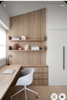 a white chair sitting in front of a wooden desk