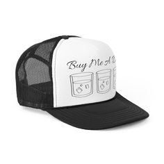 Buy Me A Drink Trucker Hat, Bourbon Baseball Cap, Funny Gift for Birthday, Bourbon Hat, Cocktail Lover Cap, Bachelorette Trucker Hat Artwork Created and designed by Kelly of Confident Squirrel Trucker caps are perfect for almost any occasion. A 100% polyester front and 100% nylon mesh weave back make these hats super durable through regular wear and tear. They come in one size with an adjustable plastic snap closure: 22.8" (58cm). The cap's front has six rows of visor stitching. Pick any (or all) of the four-color variations and start customizing them with your original designs. .: Material: 100% polyester foam front with 100% nylon mesh weave back .: One size fits most (22.8"/58cm) .: Four color combinations to pick from .: Adjustable plastic snap closure .: Six row stitching on visor Novelty Snapback Trucker Hat As Gift, Trucker Hat With Letter Print, Trucker Hat With Flat Brim As Gift, Trucker Hat With Letter Print For Gift, Letter Print Trucker Hat With Curved Brim, Flat Brim Trucker Hat As Gift, Novelty Mini Cap Hat For Gifts, Flat Brim Trucker Hat For Gifts, Trucker Baseball Cap With Flat Brim For Gift