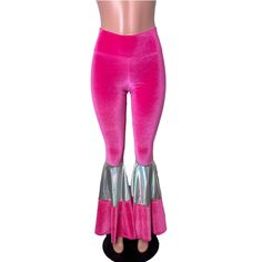 Tiered Bell Bottom Flares - Neon Hot Pink Velvet w/ Opal Holographic - Peridot Clothing Pink Stretch Rave Bottoms, Stretch Pink Rave Bottoms, Pink Rave Bottoms For Party, Pink Rave Party Bottoms, Fitted Flared Hem Party Flares, Pink Flare Pants For Night Out, Trendy Fitted Pink Flares, Trendy Stretch Flares For Party, Pink Fitted Wide Leg Flares