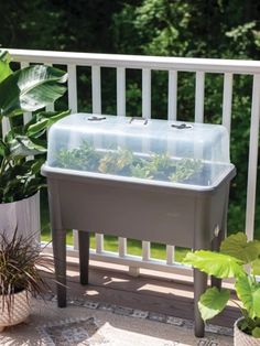 two plastic containers are sitting on a deck next to potted plants