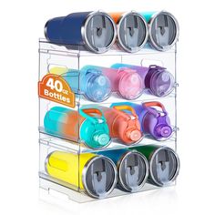 the four tiered storage rack holds many different colored cups and containers with lids on them