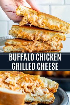 the buffalo chicken grilled cheese sandwich is cut in half and stacked on top of each other