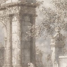 a drawing of a woman sitting on a bench in front of an arch