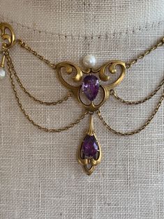 1800s Victorian Era 14K Gold Double Amethyst and Pearl Festoon Necklace - Etsy 日本 Victorian Era Objects, Amethyst And Pearl Necklace, Victorian Era Jewelry, 1800s Jewelry, Victorian Style Jewelry