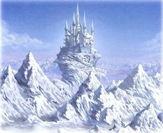 an image of a castle in the middle of some snow covered mountain tops with mountains behind it