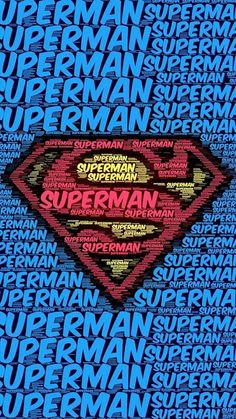 the superman movie poster is shown in blue and red with words all over it that spell out