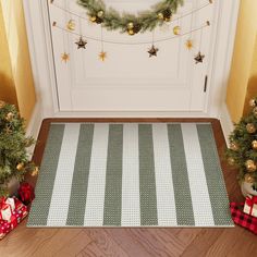 a christmas scene with presents on the floor next to a white door and green plaid rug