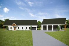 a rendering of a house with two garages and a covered walkway leading to the front door