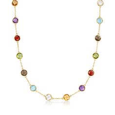 Ross-Simons - 13.80ct t. w. Bezel-Set Multi-Gemstone Station Necklace. 16". Brighten your wardrobe with all the colors of the rainbow. This necklace showcases stations of 13.80 ct. t. w. bezel-set multi-gemstones on a polished 14kt yellow gold cable chain. Includes amethyst, peridot, garnet, blue and white topaz, smoky quartz, and citrine rounds. Lobster clasp, multi-gemstone station necklace. Elegant Multicolor Faceted Crystal Necklaces, Multicolor Gemstone Crystal Necklace, Multicolor Round Birthstone Necklaces, Stone Bead Jewelry, Bezel Necklace, Colors Of The Rainbow, Peridot Stone, Yellow Gold Jewelry, Citrine Stone