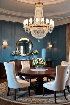 an elegant dining room with blue walls and chandelier above the round wooden table