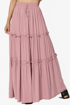 Ruffle Tiered Woven Drawstring Elastic High Rise A-Line Long Maxi Skirt - TheMogan Long Tiered Skirt, Everyday Skirts, Lounge Outfits, Ruffle Maxi Skirt, Long Maxi Skirt, Modest Skirts, Tiered Maxi Skirt, Light Rose, Long Maxi Skirts