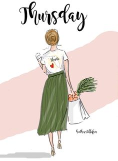 a woman in a skirt and t - shirt holding a shopping bag with the words thursday on it