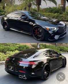 two pictures of the same black car in different stages of being parked on the street