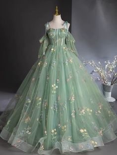 Mushroom Prom Dress, Green Tulle Prom Dress, Elven Clothes, Green Long Prom Dress, Party Dress Green, Tulle Straps, Long Flower Dress, Green Evening Gowns, Flower Prom Dress