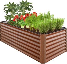 an elevated garden bed with herbs and flowers in the planter box, on a white background