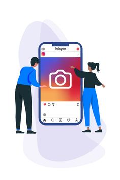 two people standing next to an iphone with the instagram app on it's screen