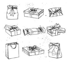 hand drawn gift boxes with ribbons and bows on white background stock photo - image 4597