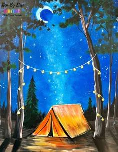 an acrylic painting of a tent in the woods with lights strung from it