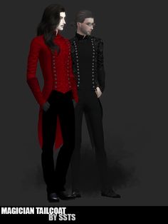 two people standing next to each other in black and red outfits with text reading magician tailcoats by tsts