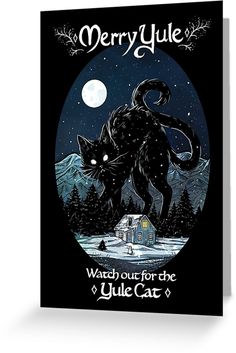 merry yule card with an image of a black cat on the front and back