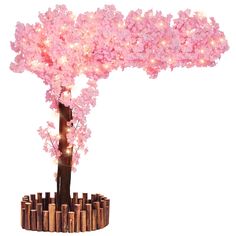 a pink tree with lots of lights on it