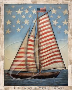 a painting of a sailboat with an american flag on it