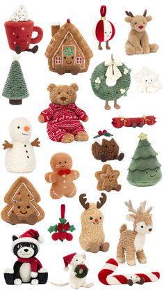 many different types of stuffed animals and christmas decorations on a white background with text overlay