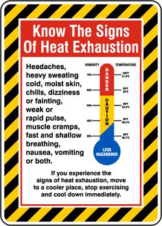 a warning sign with instructions on how to use thermometers for heat exhaustion