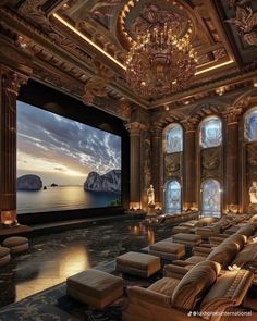 an ornately decorated home theater with chandelier and couches in front of large windows