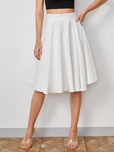 White Casual Collar  Fabric Plain Flared Embellished Non-Stretch Spring/Summer/Fall Women Clothing White A Line Skirt Outfit, Knee Length Skirt Casual, Grunge Skirts, Miku Costume, White Circle Skirt, A Line Skirt Outfits, Minimalist Business Casual, Midi Circle Skirt, White Skirt Outfits