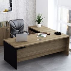 an office desk with a laptop on it and a potted plant in the corner