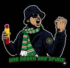 a man wearing a scarf and holding a bottle in one hand with the words one heart one spirit on it