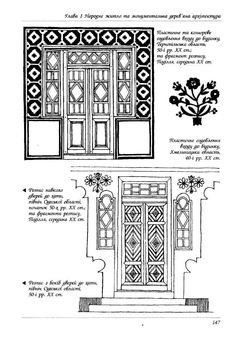 an architectural drawing showing the front and side sections of a door with decorative designs on it