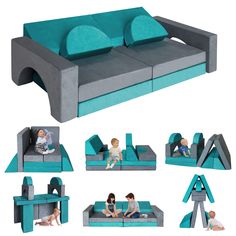 children are sitting on couches made out of concrete blocks and blue cushions, while one child sits in the middle