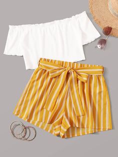 Two Piece Shorts Set, Belted Shorts, Crop Top Outfits, Tween Outfits, Really Cute Outfits, Girls Fashion Clothes, Teenage Fashion Outfits, Fashion Kids