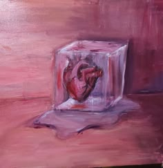 an acrylic painting of a heart in a glass container on a pink background