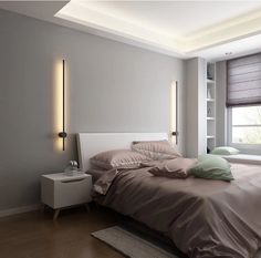 a bedroom with a bed, nightstand and window