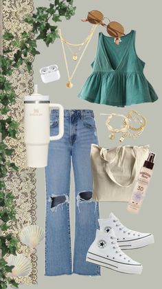 a green top and jeans outfit with white converses, coffee cup, sunglasses, purse