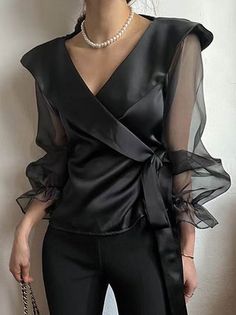 Mode Ab 50, Lace Up Blouse, Satin Shirts, Ladies Chiffon Shirts, Women Chiffon Blouse, Flare Long Sleeve, Puff Sleeve Blouse, Womens Long Sleeve Shirts, Loose Blouse